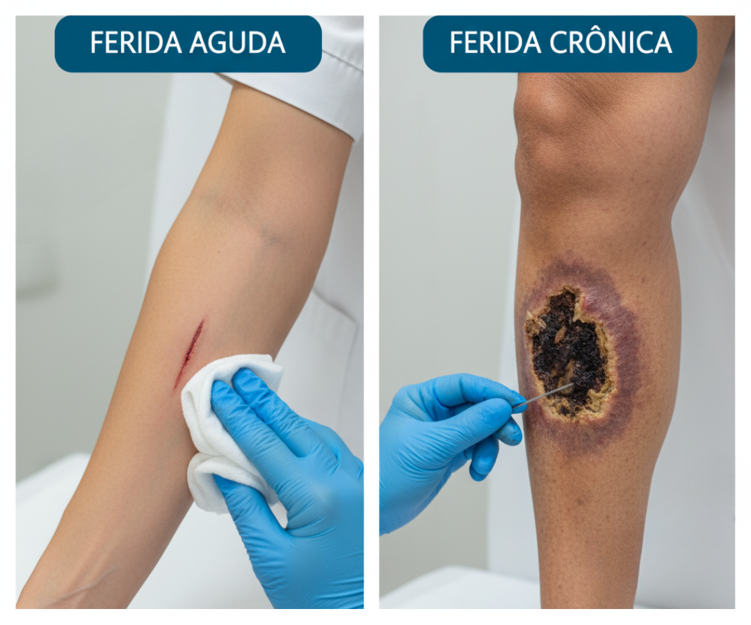 Tratamento de Feridas Agudas e Crônicas: comparação visual entre corte recente e lesão crônica com necrose, serviço especializado Sanacurativos.