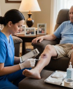 Enfermeira realizando avaliação e classificação de ferida no joelho de paciente em atendimento domiciliar, serviço de enfermagem Sanacurativos.