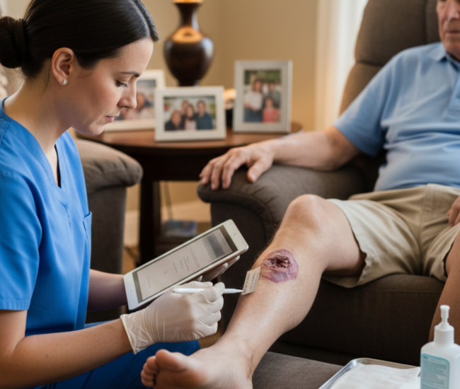 Enfermeira realizando avaliação e classificação de ferida no joelho de paciente em atendimento domiciliar, serviço de enfermagem Sanacurativos.